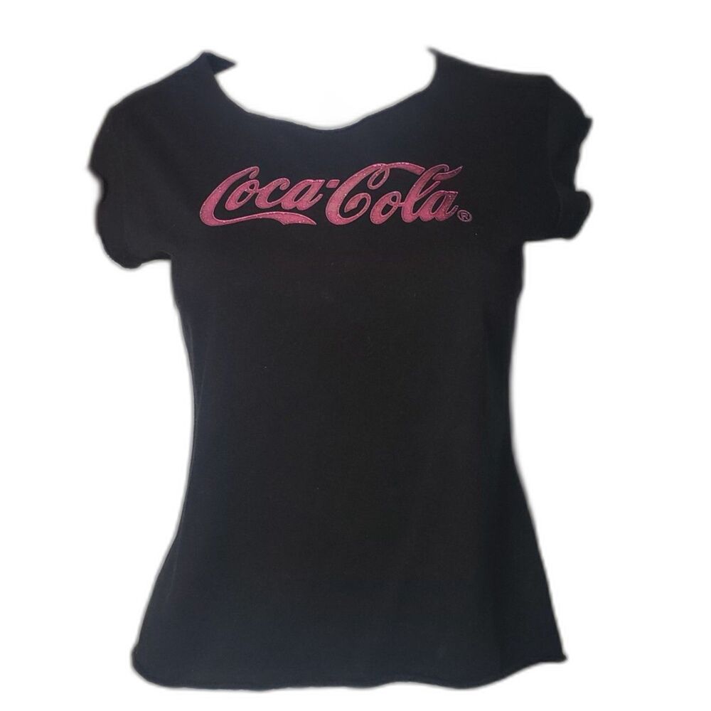 Vintage 90's Coca Cola Black Short Sleeve T Shirt with Pink Glitter Logo Size L